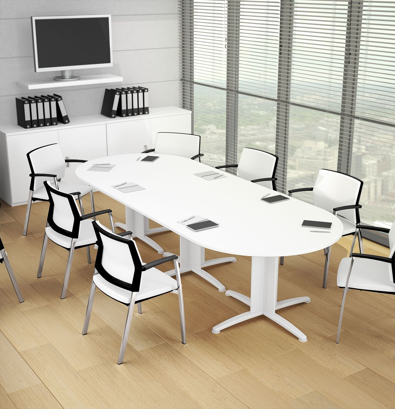 Table de réunion ovale en blanc piétement blanc