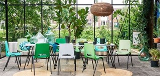 Chaises coquille vert clair et tables