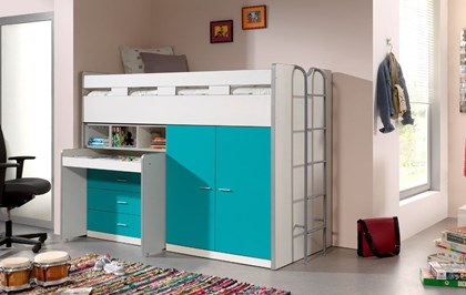 Lit en hauteur armoire commode faces turquoise