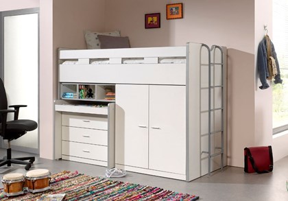 Lit blanc en hauteur avec armoire et commode