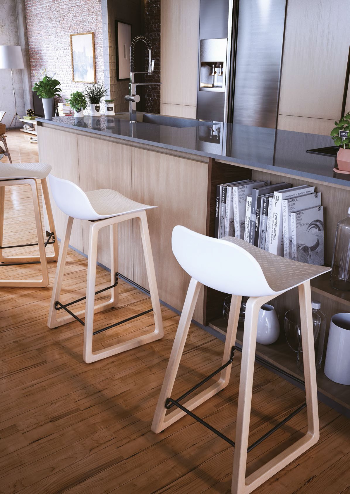 Tabouret haut en polypro piétement en bois