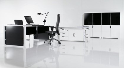 Bureau Direction blanc avec enjoliveurs en verre